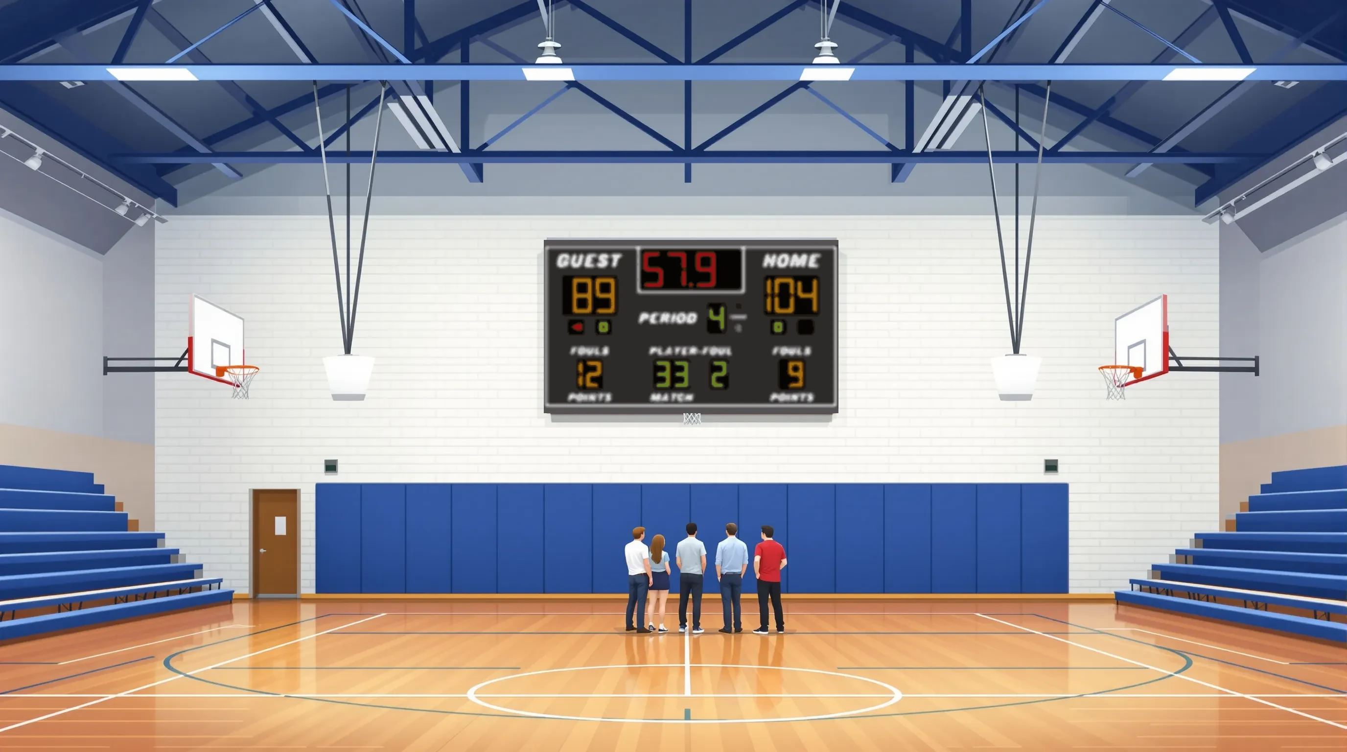 Interior of a high school gymnasium with bleachers and a small wall-mounted fixed-digit scoreboard at the far end, illustrated in flat 2D vector style