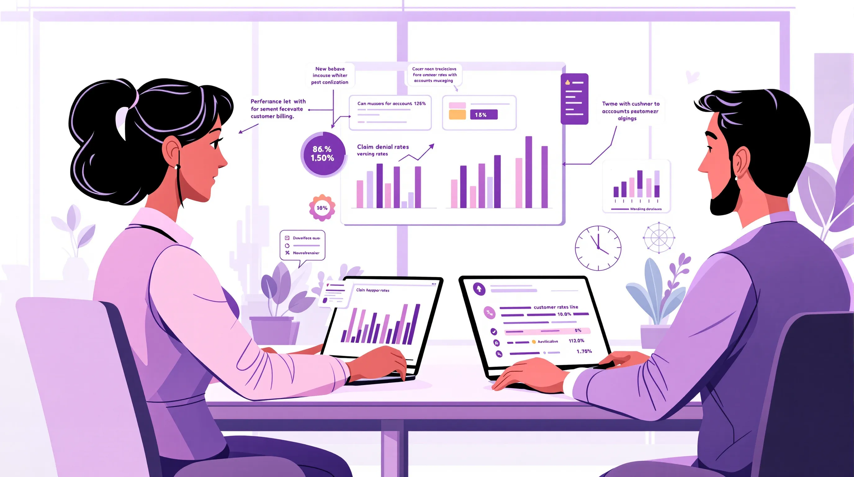Healthcare administrator reviewing billing performance benchmarks with a vendor before signing an outsourcing contract