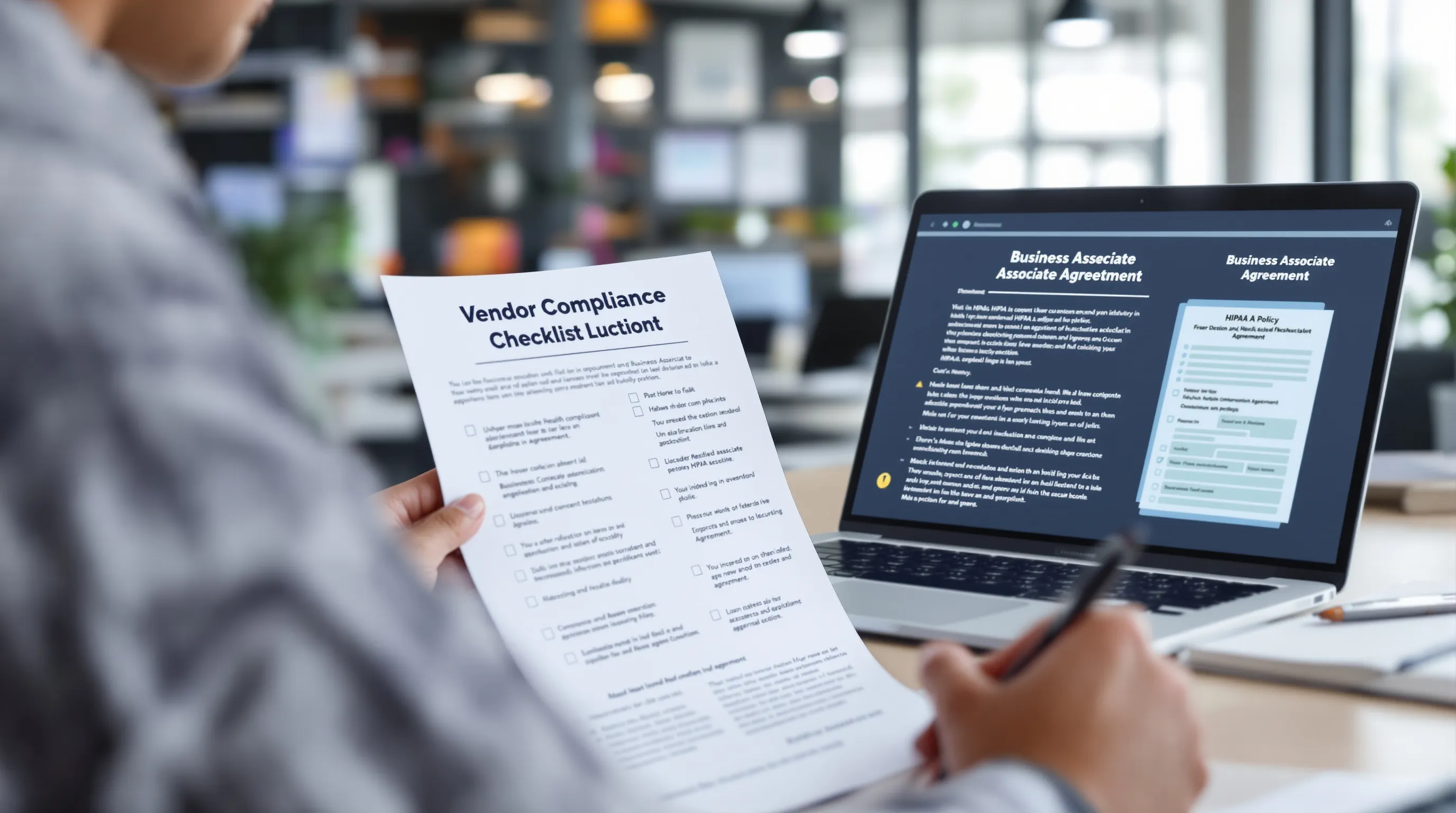 Healthcare administrator reviewing a HIPAA compliance checklist before signing a business associate agreement with a medical virtual assistant vendor