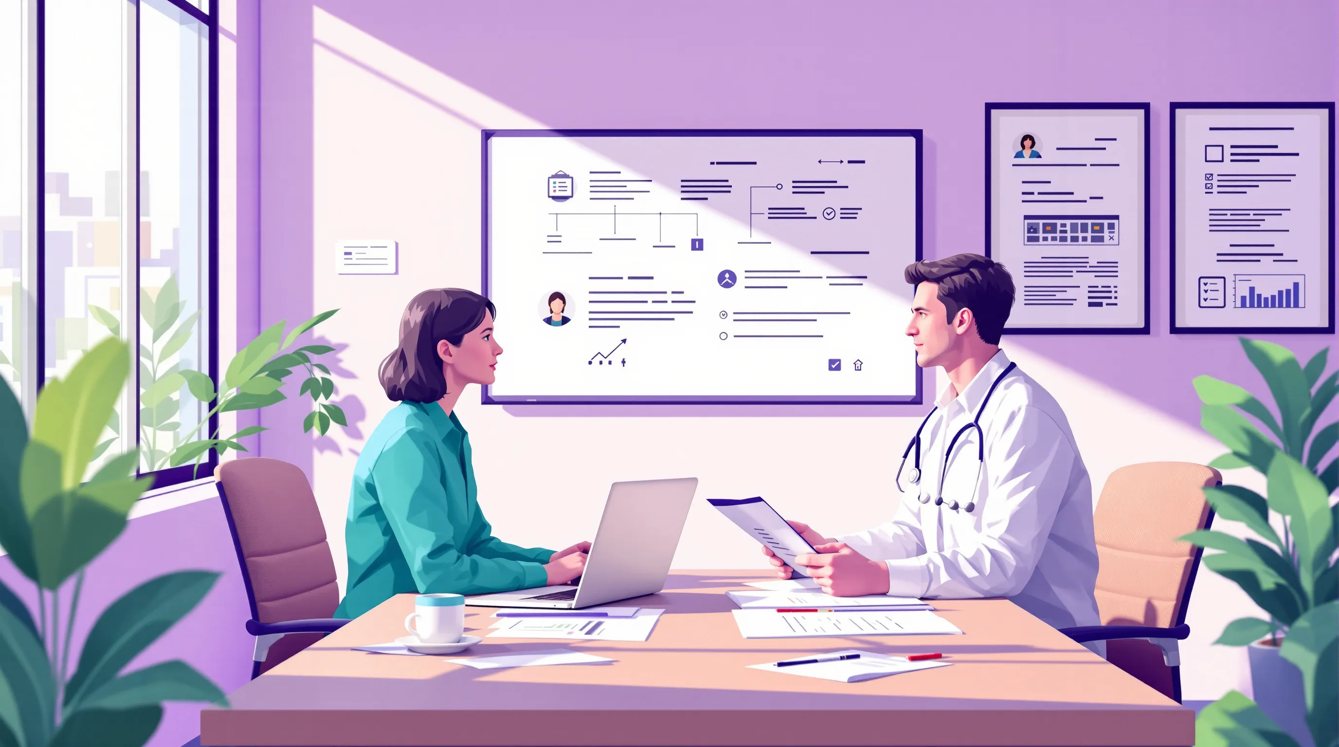 Healthcare staff comparing EMR software options in a small clinic meeting room