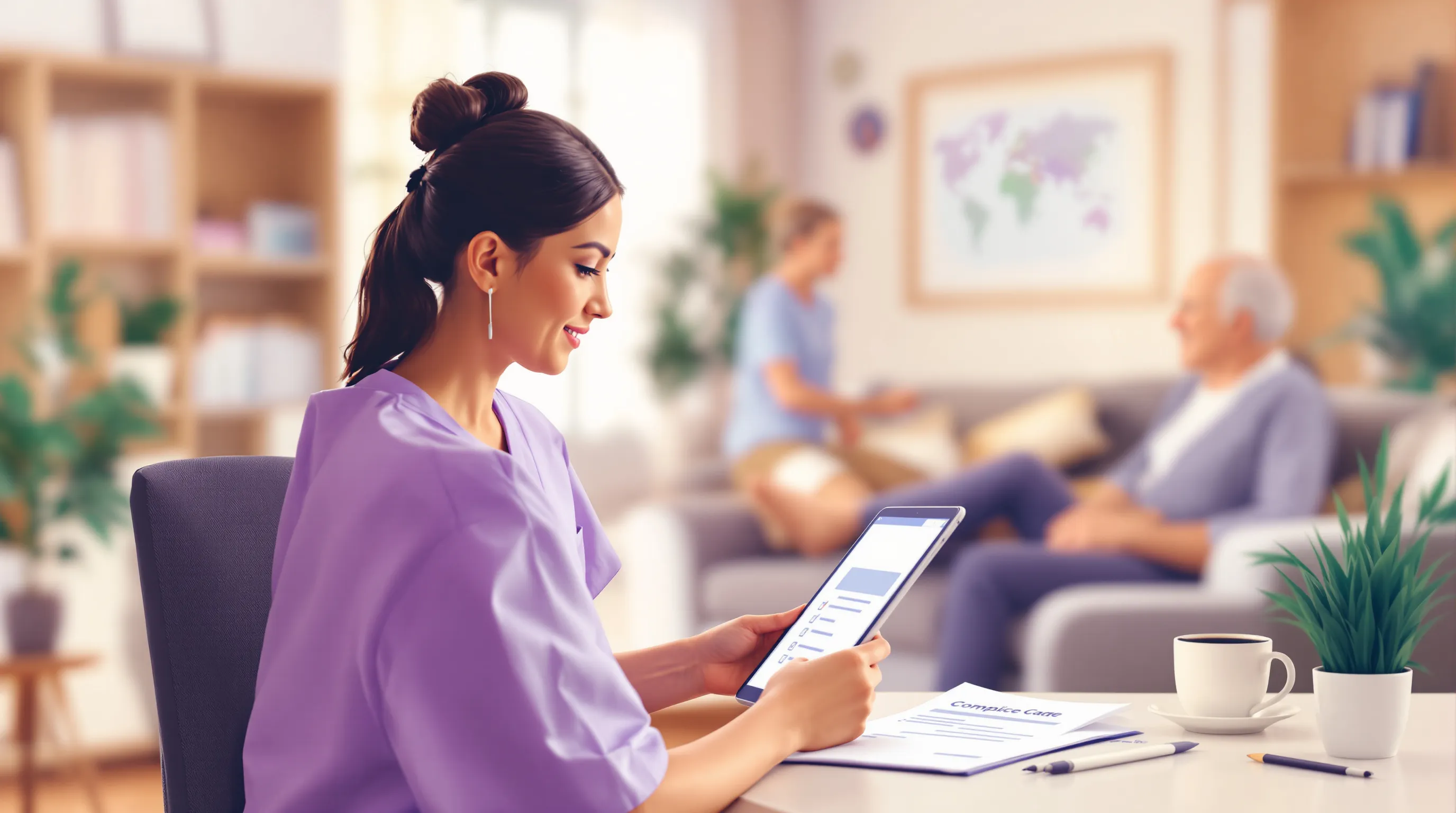 Home care agency coordinator reviewing compliance documentation on a tablet while a caregiver supports an elderly client