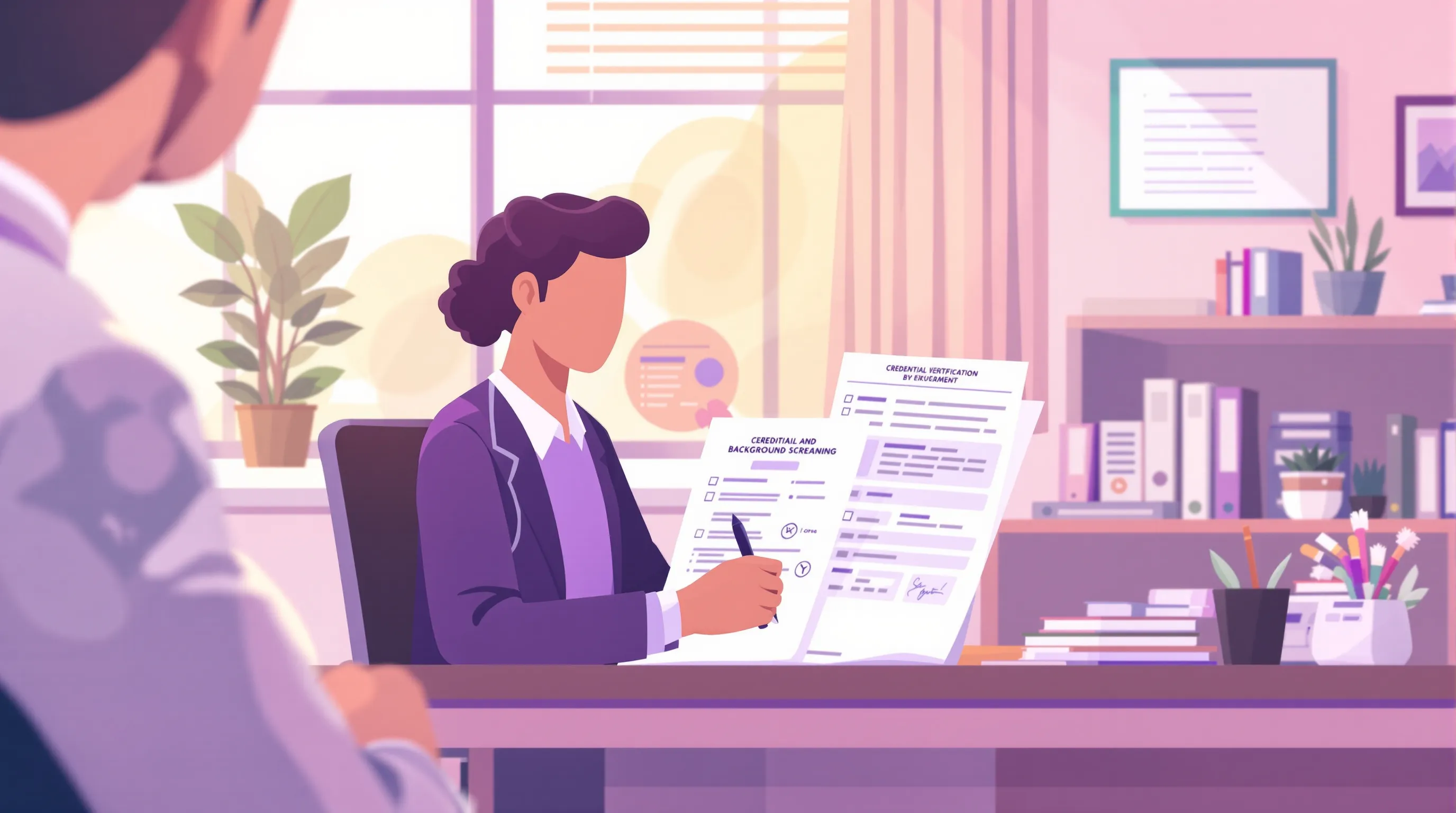 Healthcare administrator reviewing credential verification and compliance screening documents for a remote patient care coordinator hire