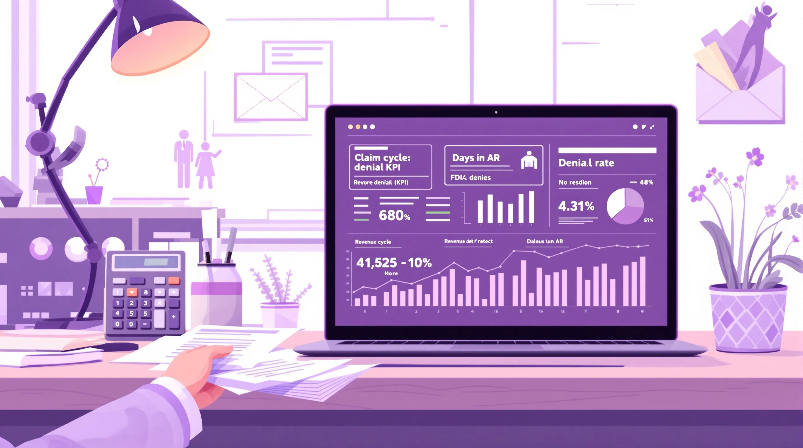 Healthcare administrator reviewing claim denial reports and revenue cycle KPI data on a laptop at a medical office desk