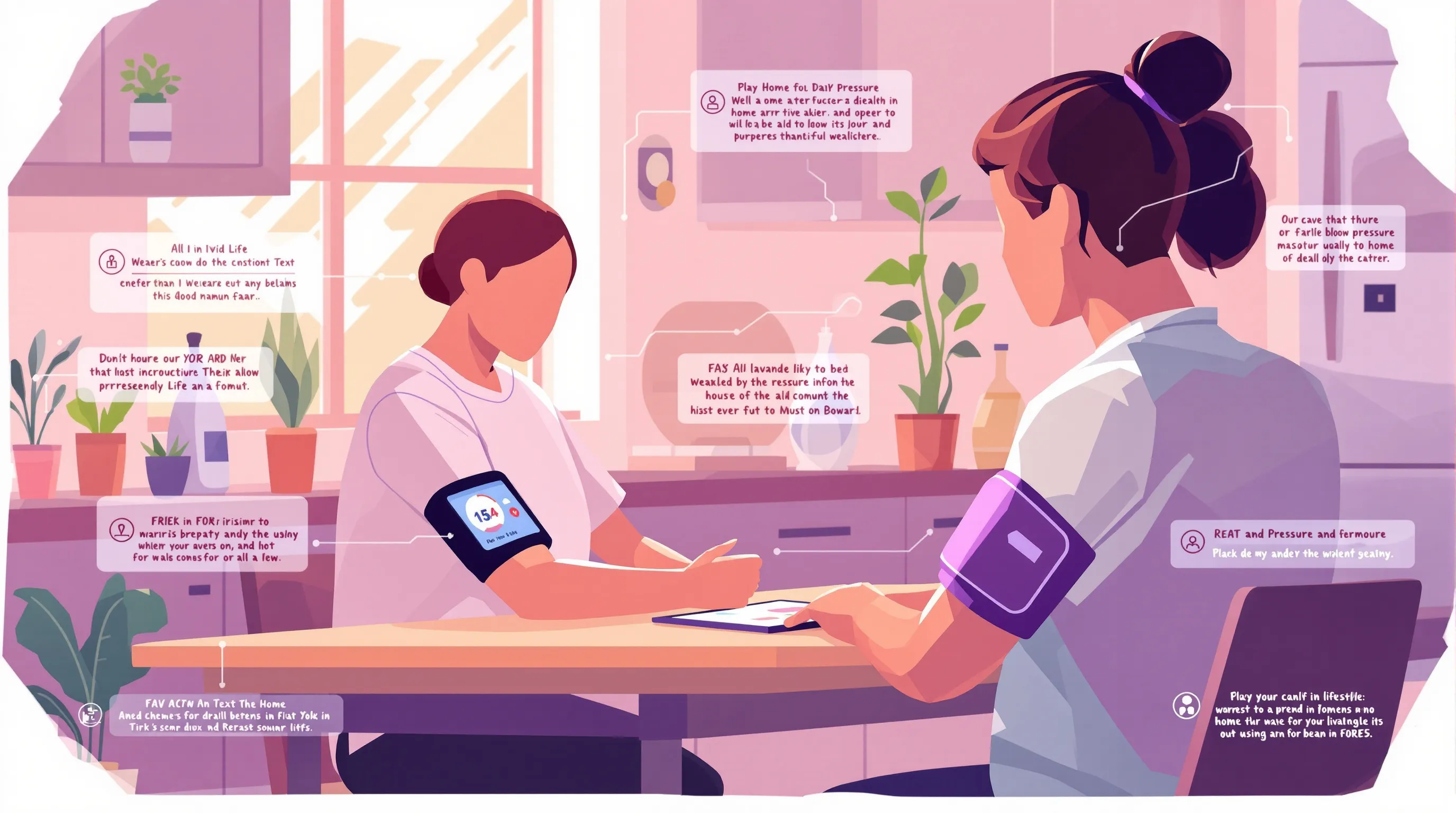 Patient using a wearable blood pressure monitoring device at home with health data displayed on a tablet