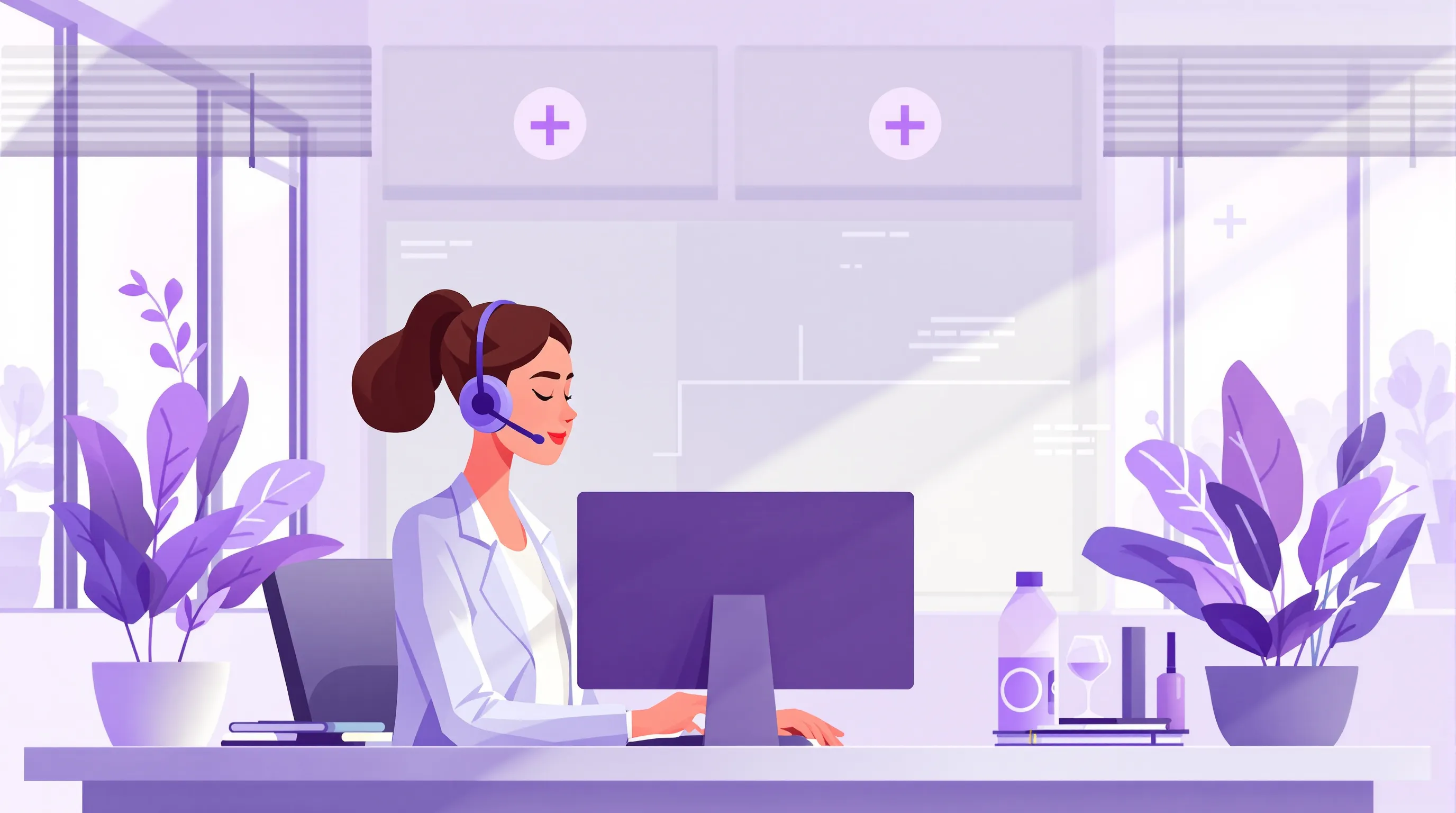 A professional customer service agent at a modern healthcare administrative desk, speaking attentively on a headset with natural light in background