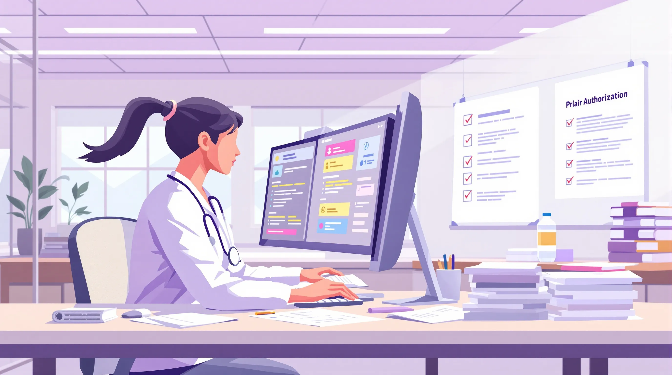 Medical billing specialist submitting prior authorization requests through an EHR system at a healthcare billing workstation