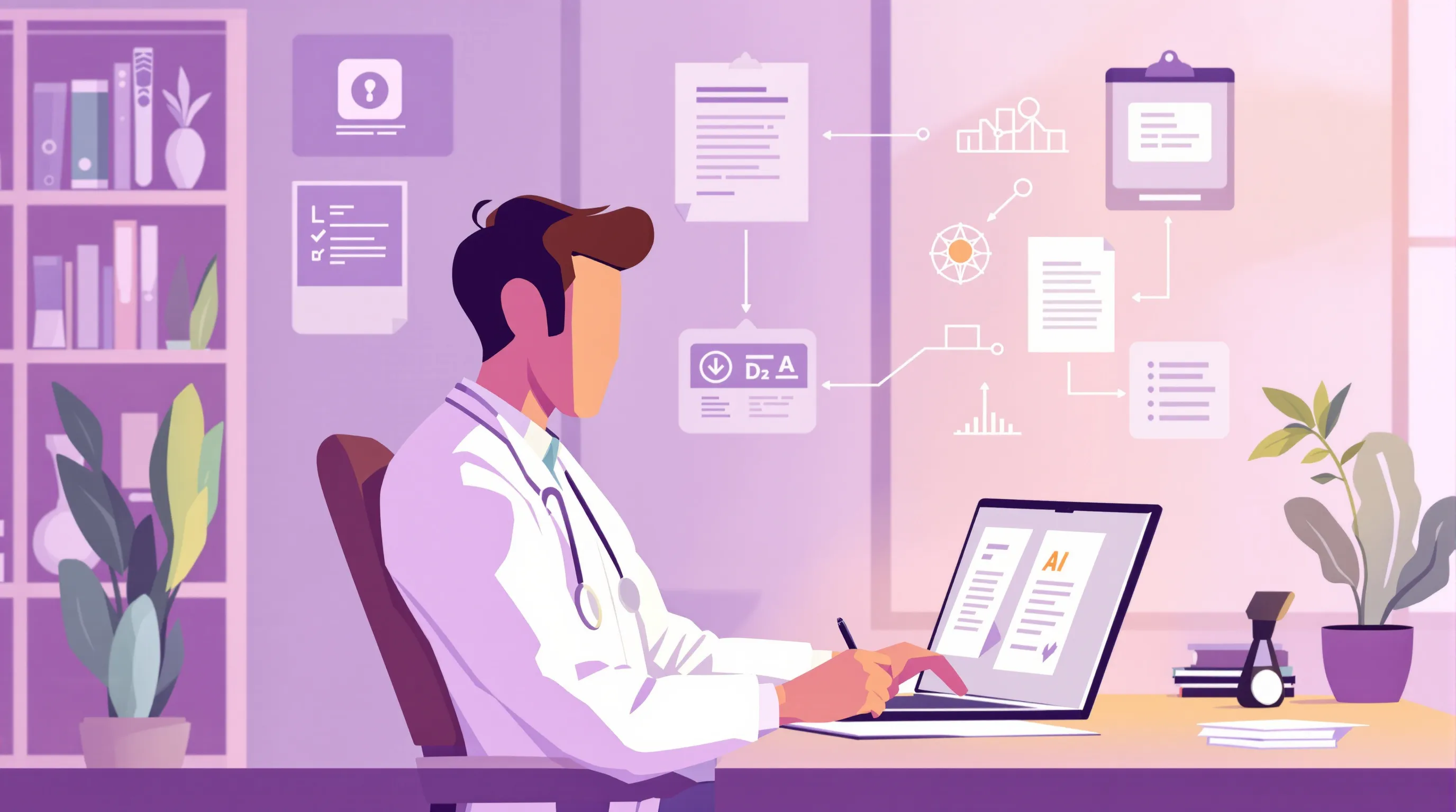 Physician reviewing AI-generated clinical notes at a desk, representing human oversight of healthcare AI