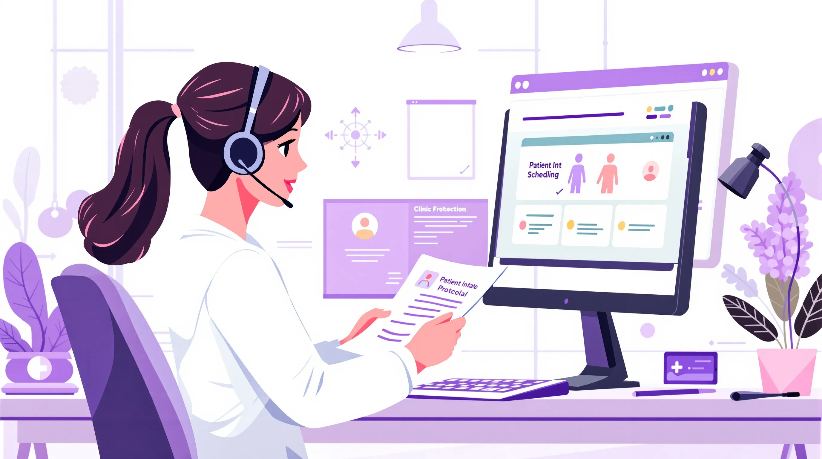 Healthcare call center agent reviewing patient intake protocols at a modern workstation