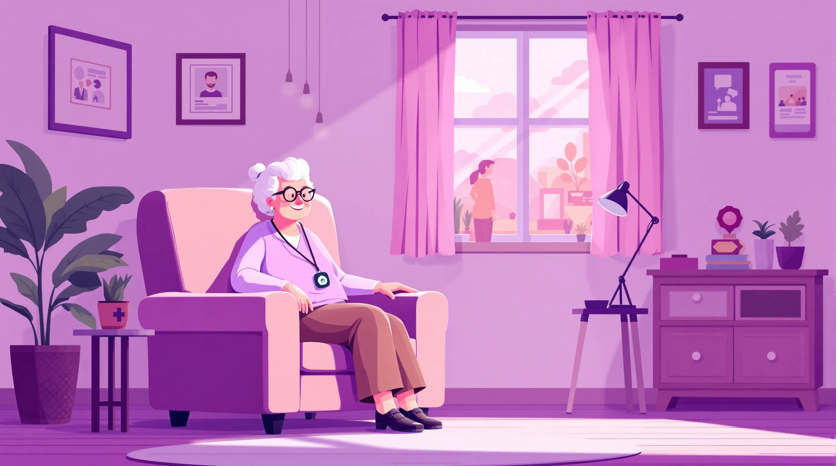 Elderly woman wearing a medical alert pendant sitting comfortably at home