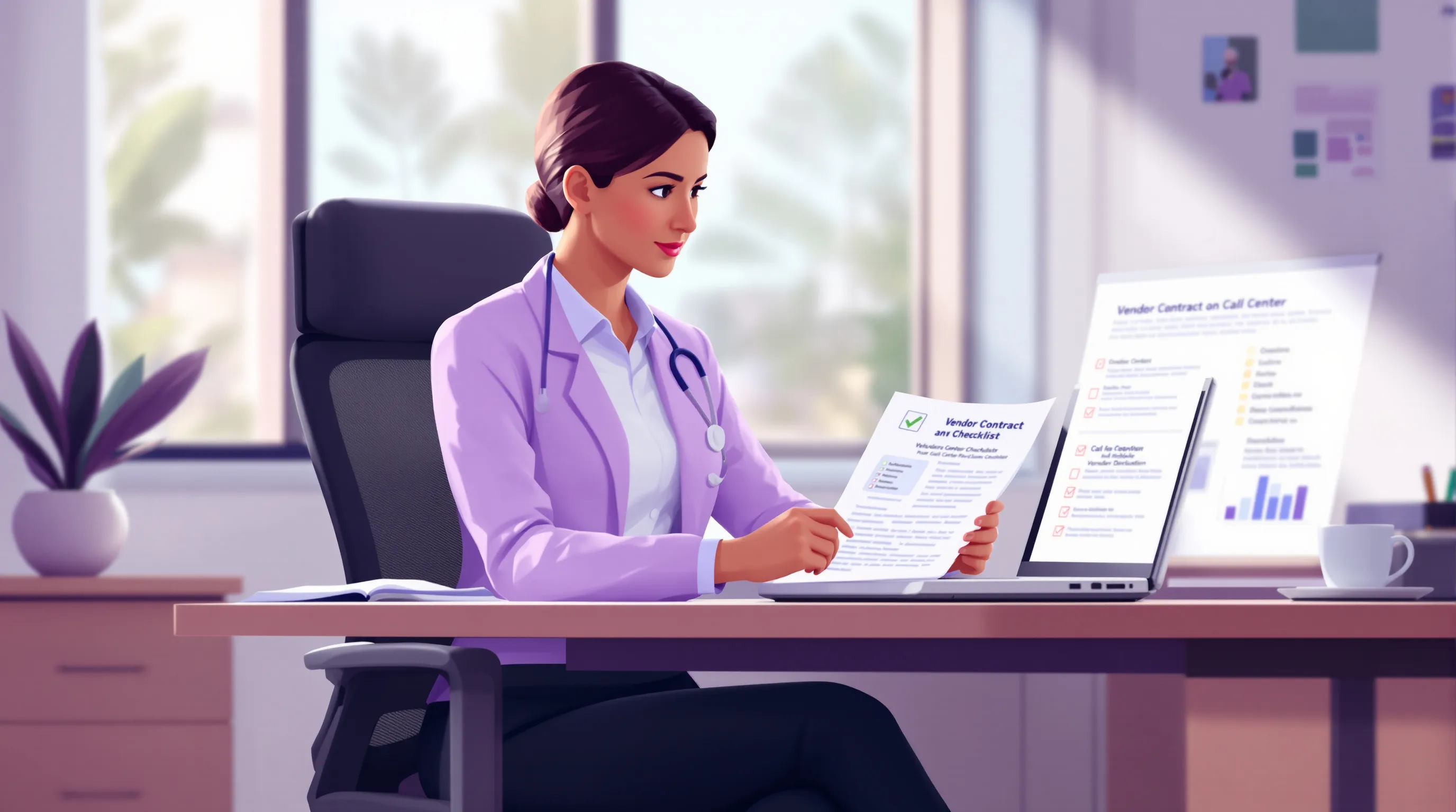 Practice manager reviewing a healthcare call center vendor contract and compliance checklist at a professional office desk