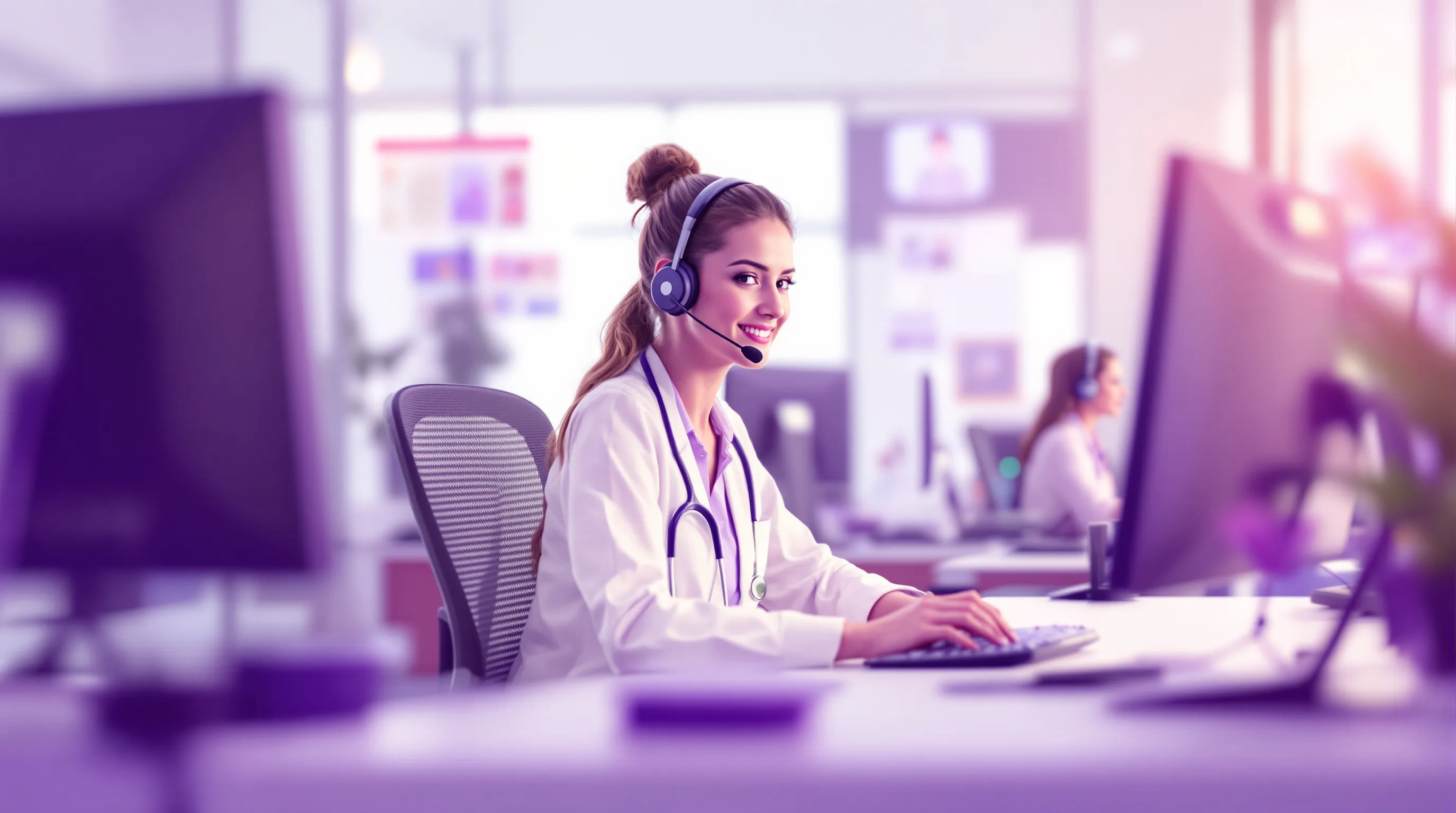 Healthcare call center agent wearing headset at a modern workstation providing patient support for a medical practice