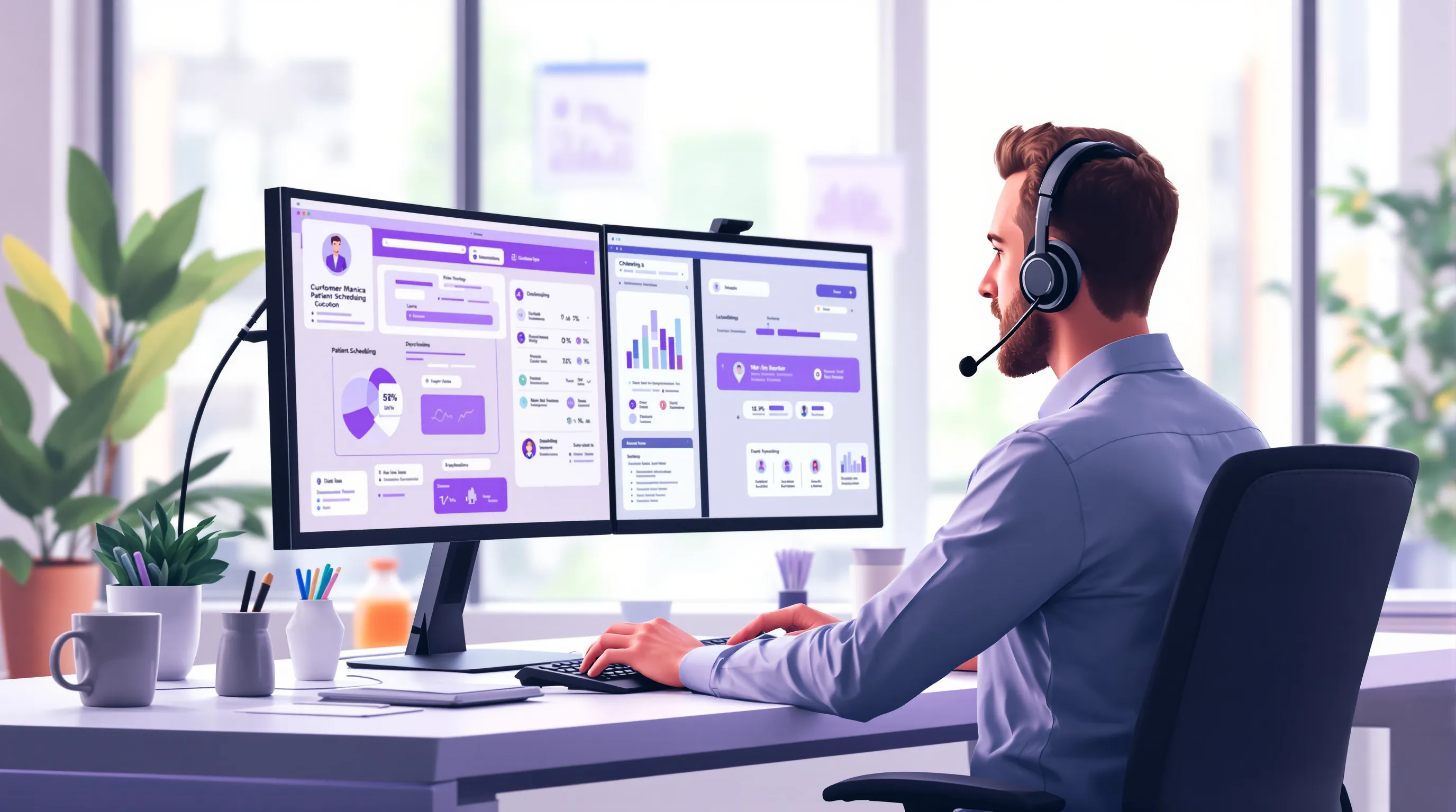Customer support specialist reviewing healthcare scheduling information on dual monitors with headset