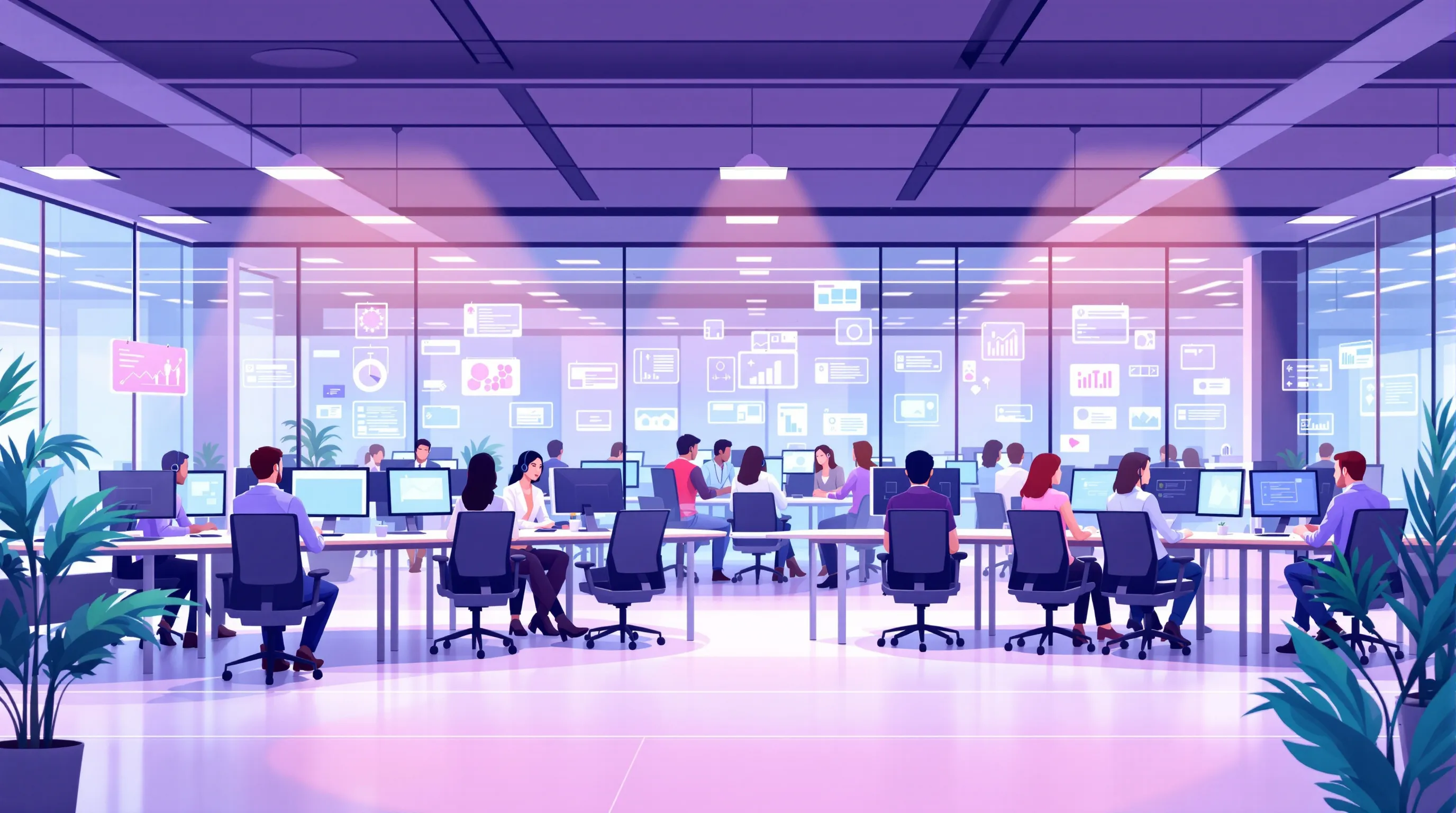 Customer support outsourcing team working at modern BPO operations center with headsets and dual monitors