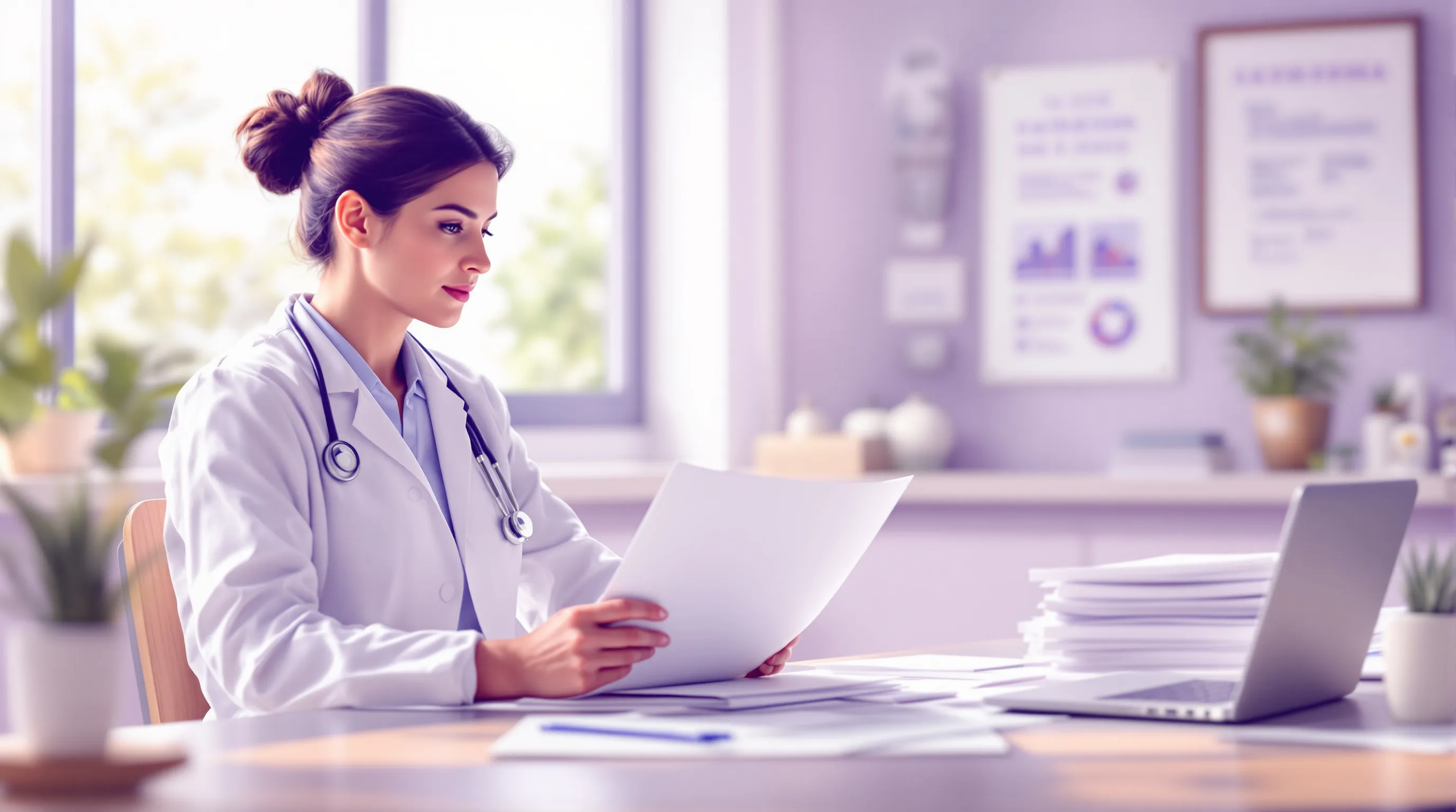 A behavioral health compliance professional reviewing HIPAA and AI ethics documentation in a clinical office setting